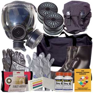 Kit includes a premium MSA Millennium gas mask, M95 NBC filter, mask bag, chemical suit, gloves, boots, mask bag, M8 chemical detection paper, potassium iodide, chemical detection paper, duffle bag and more!