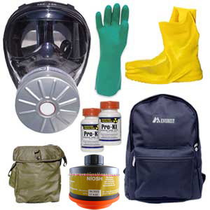 Kit includes an SGE 150 gas mask, Drager NBC gas filter, chemical suit, gloves, booties, mask bag, potassium iodide, duffle bag and more!