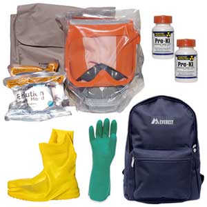 Kit includes an Evolution 1000 escape hood, NBC filter, smoke filter, chemical suit, gloves, booties, mask bag, potassium iodide, duffle bag and more!