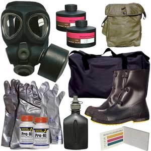 Kit includes an M95 gas mask, M95 NBC filter, mask bag, chemical suit, gloves, boots, mask bag, M8 chemical detection paper, potassium iodide, chemical detection paper, duffle bag and more!