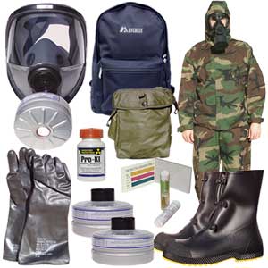 Kit includes North gas mask and filters, chemical suit, boots and gloves, two bags and more