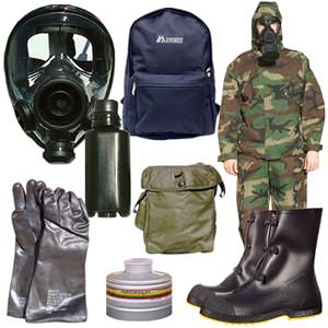 Kit includes an SGE 1000 gas mask, Drager filter, boots, suit, bag backpack canteen and more