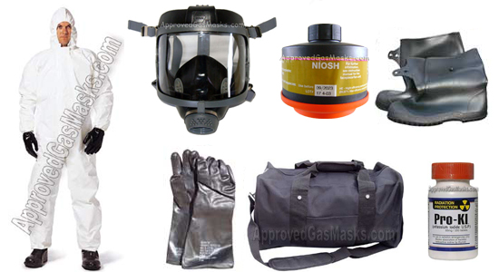Kit includes an DP (Domestic Preparedness) Gas Mask, DP (Domestic Preparedness) Filter,  chemical suit, gloves, boots, potassium iodide, duffle bag and more!