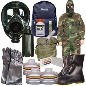 Kit includes an SGE 1000 gas mask, 3 Drager filters, boots, suit bag backpack canteen CAD paper and more